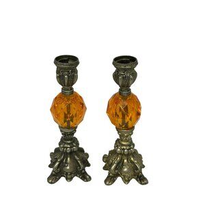 VTG Ornate Amber Lucite - Brass Candle Holders Set 2 Hollywood Regency 8" Decor